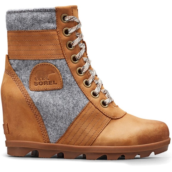 Sorel Shoes - New! Sorel Lexie Wedge Lace Up Waterproof Leather Felt Boot - Camel Brown & Gray